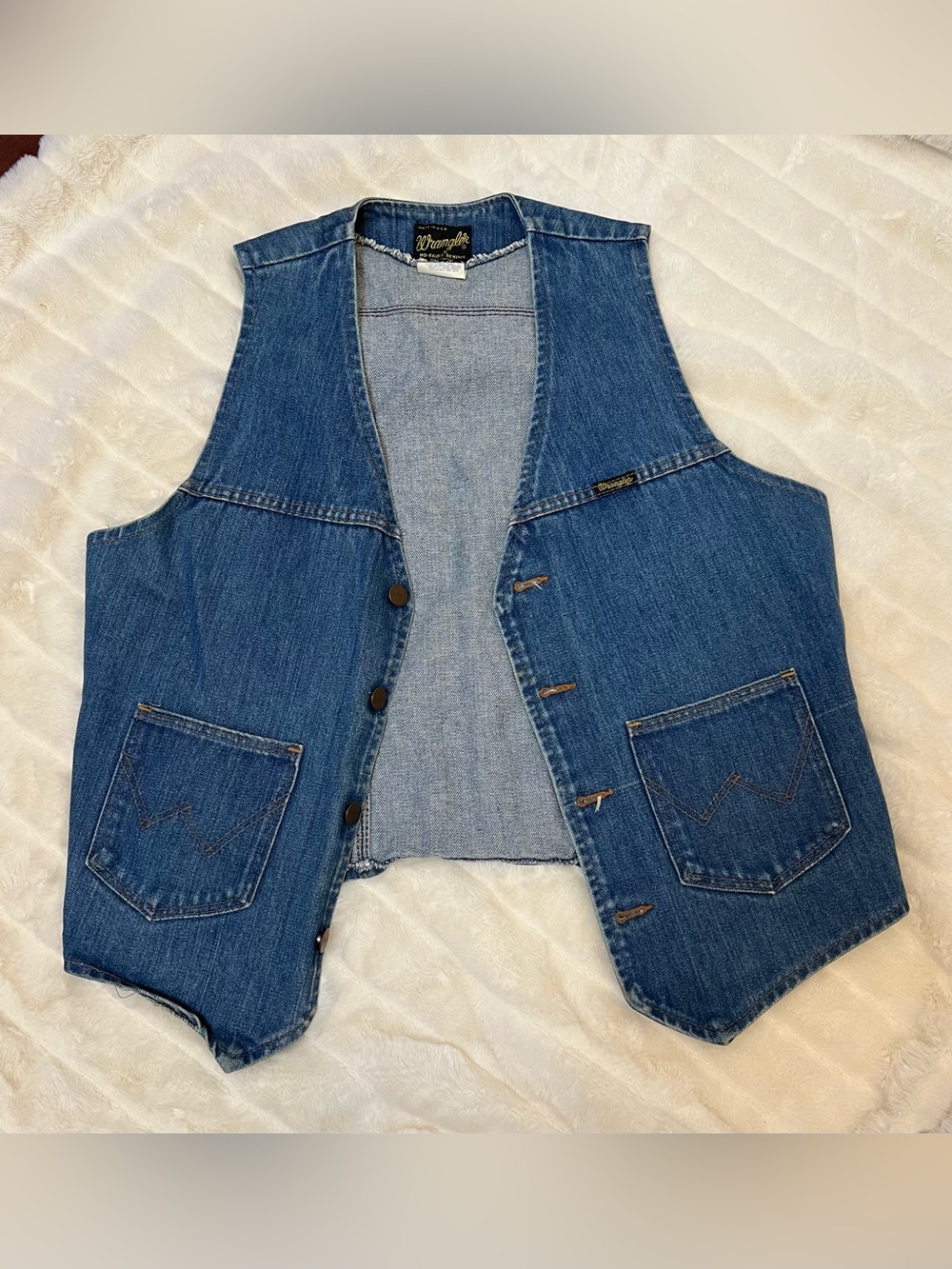 Vtg 70s Wrangler Denim Trucker Jean Vest Siz Large Blue USA Made No Fault Denims